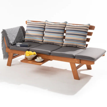 Katinka Eucalyptus Outdoor Daybed Sofa with Folding Armrest & Coffee Tray with 3 Pillows
